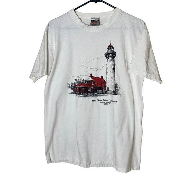 Vintage 90s Oneita Single Stitch Tee L Lighthouse Michigan USA Made - Picture 1 of 8